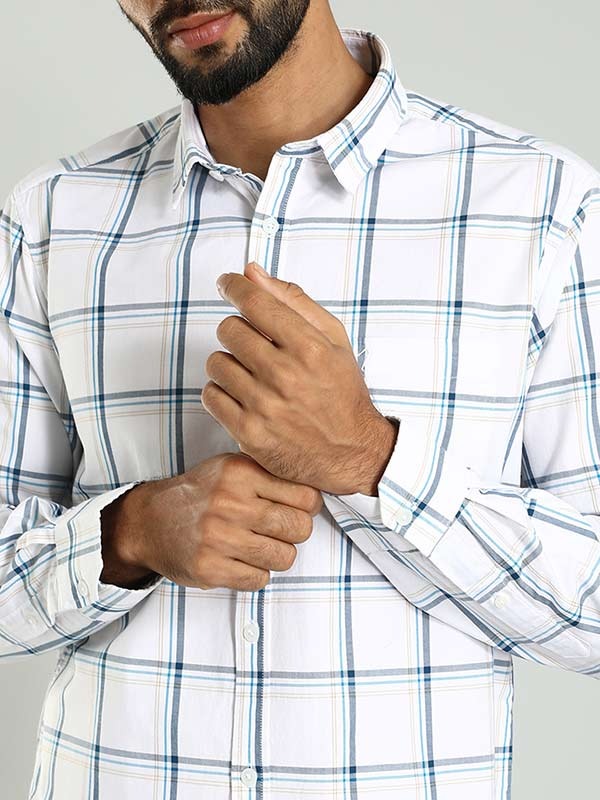 Indian Terrain Men's Regular Fit Full Sleeve Checkered White Shirt